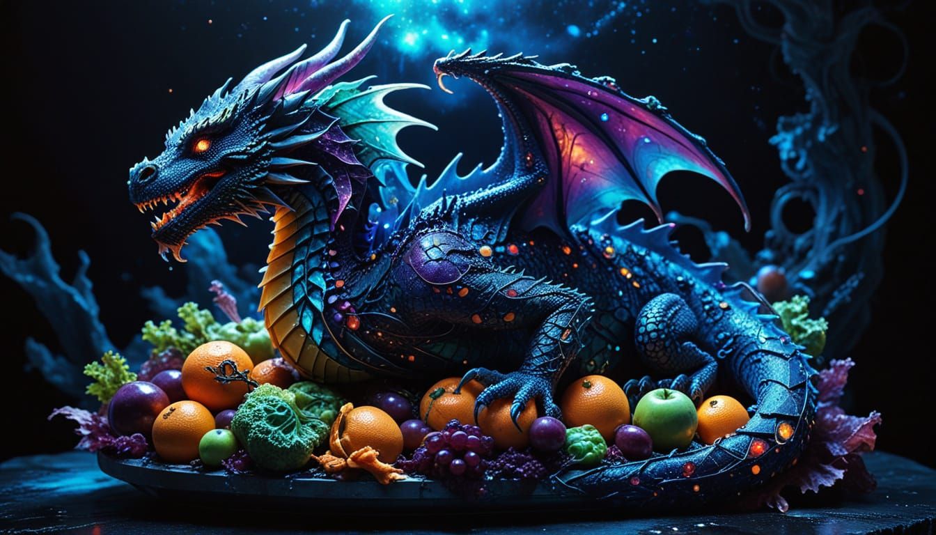 Bioluminescent Fruit Dragon on Spaceship, Acid Ink Style