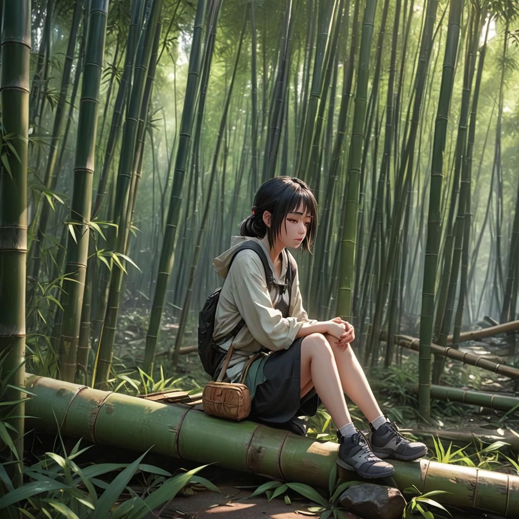 Crying Girl in Bamboo Forest: 3D Anime Art