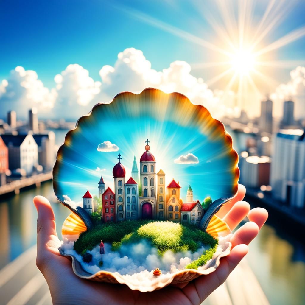 Tiny Happy City Inside a Seashell