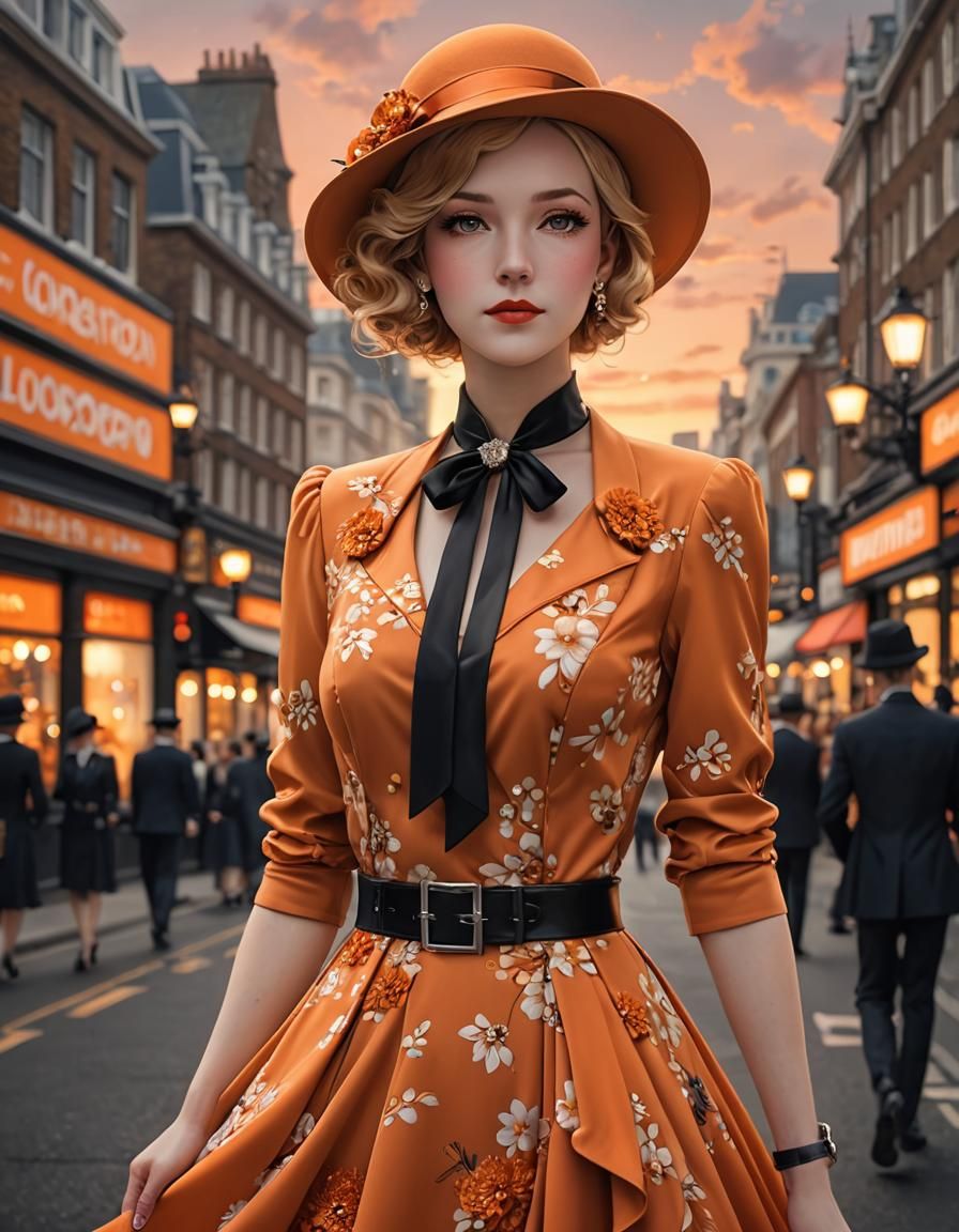 Orange 1930s Dress in Anime Style with London Bokeh