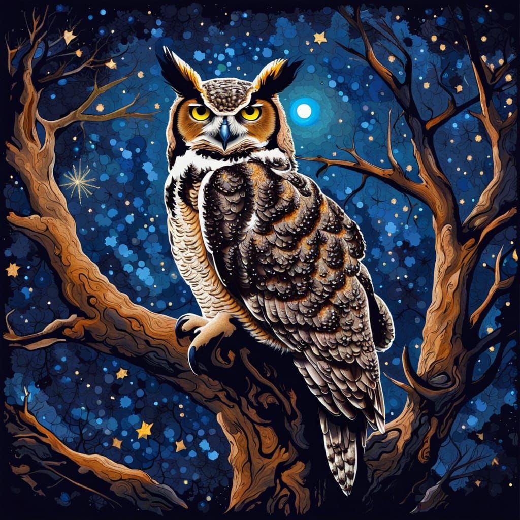 Great Horned Owl Perched in Ancient Oak Tree