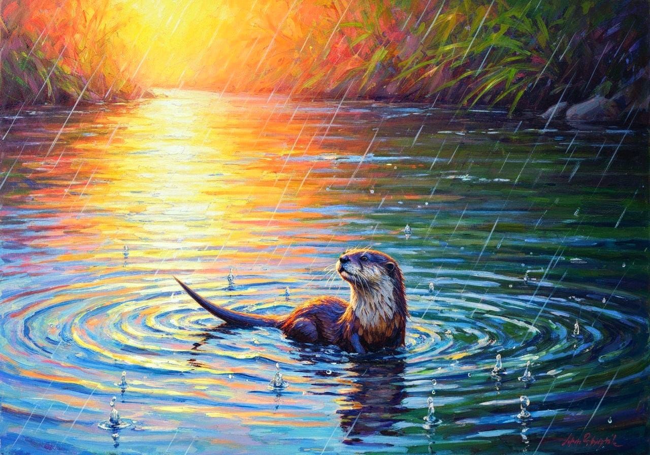 Spring Otters Playing in River, Vibrant Watercolor