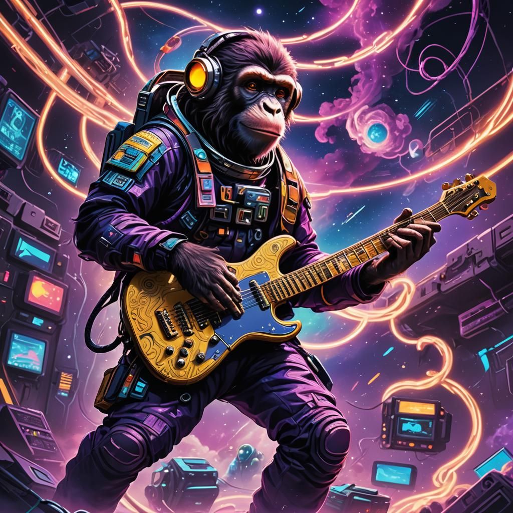 Monkey Astronaut Guitarist in Cyberpunk Space