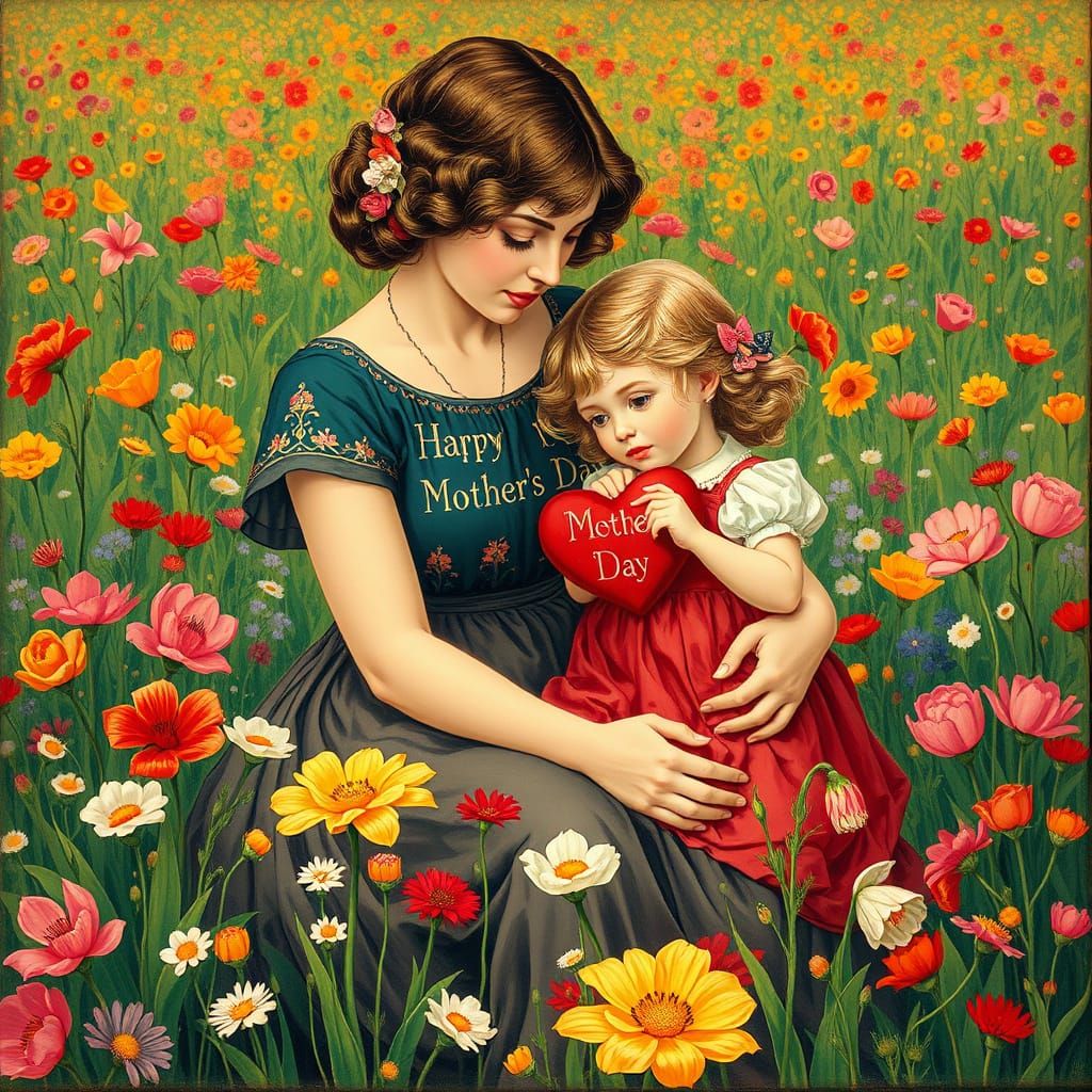 Mother and Daughter in Floral Field: Art Nouveau Style