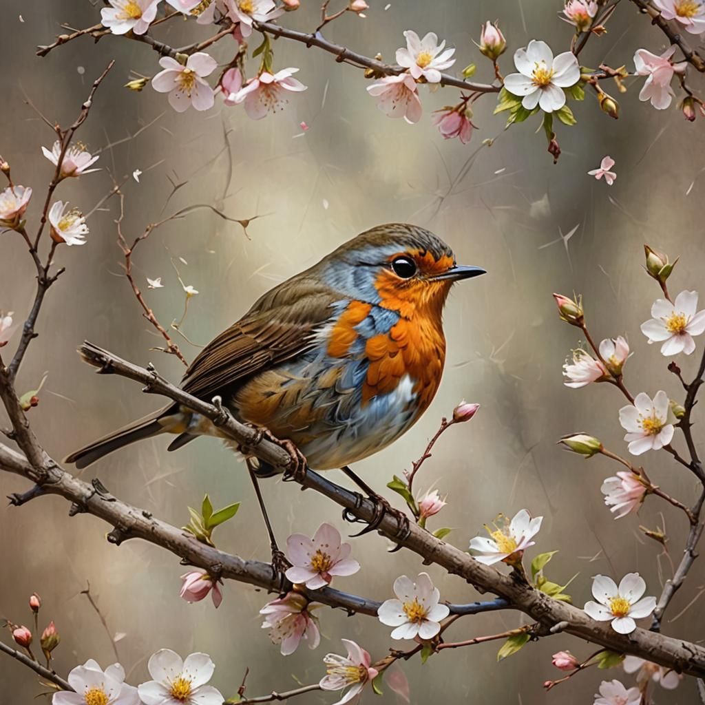 Robin on Branch with Flowers: Digital Art