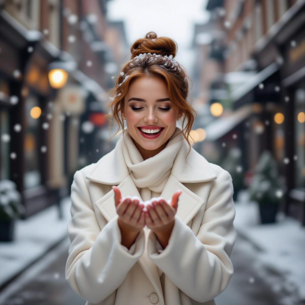 Joyful Woman Catches Snowflakes in Autumn City