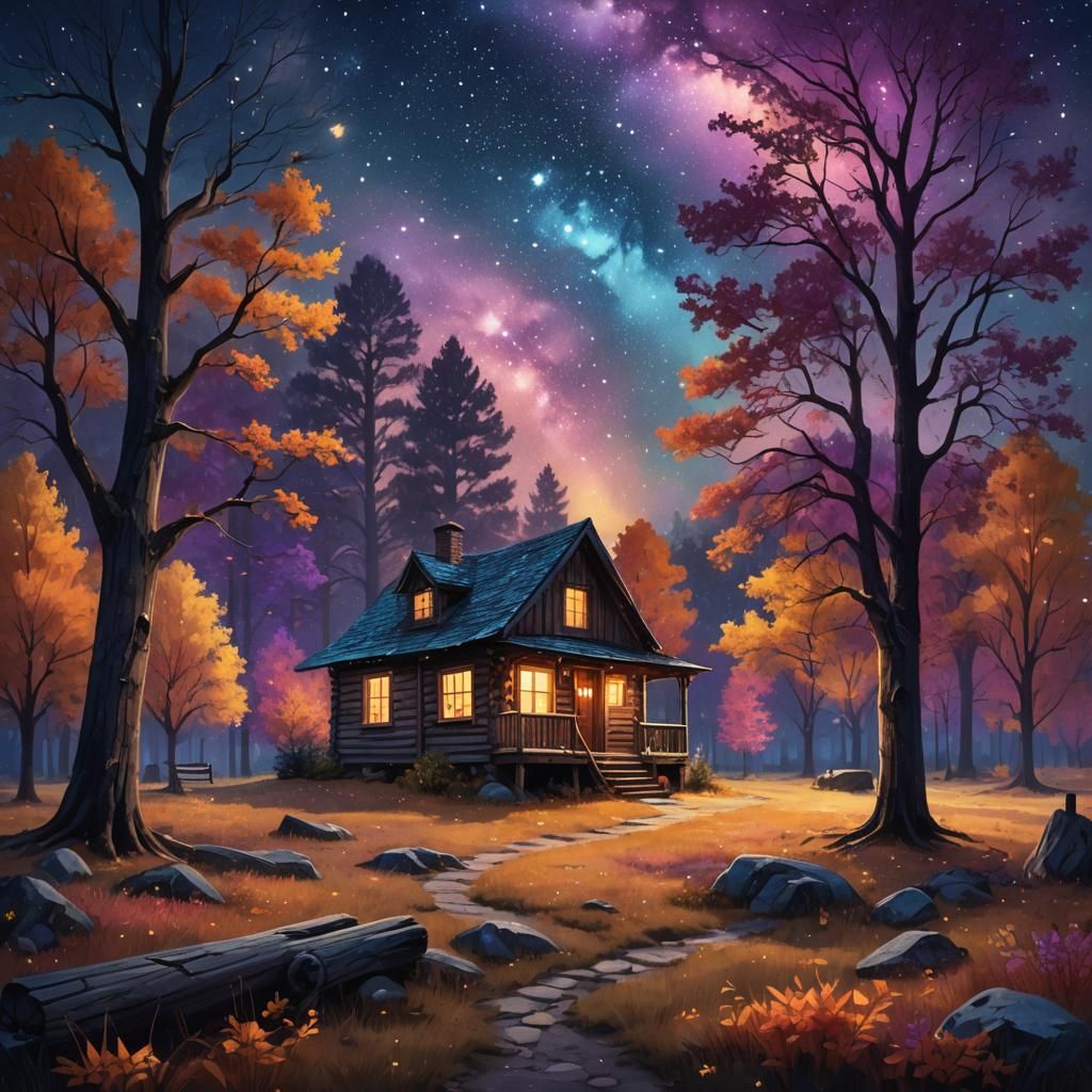 Autumn Cabin Under Starry Sky in Digital Matte Painting