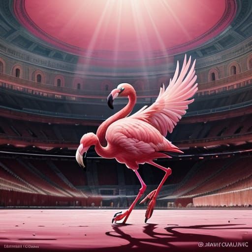 Flamingo Dances in Roman Coliseum as Concept Art