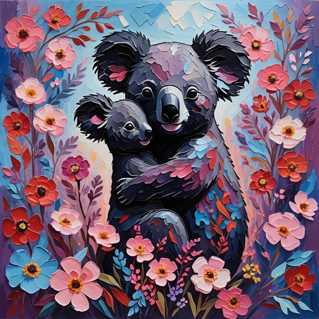 Koala and Woman Embrace: Impasto Style Painting