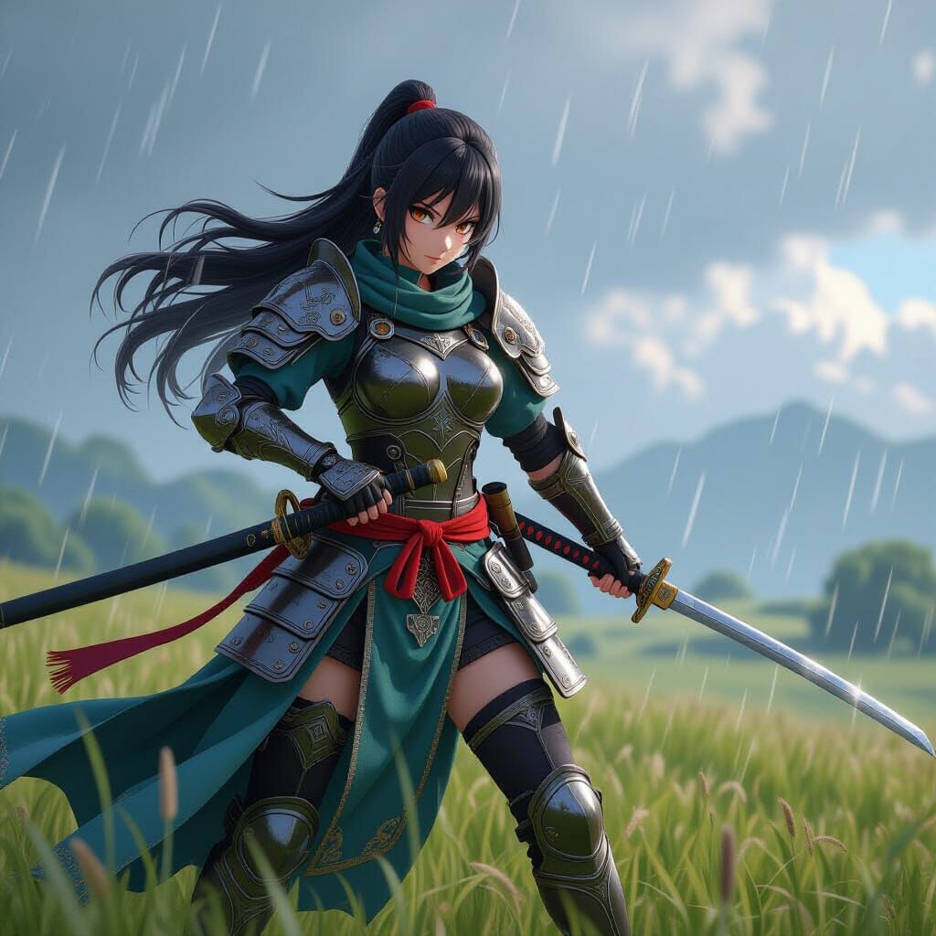 Komodo Warrior Girl with Katana in Rainstorm Battlefield