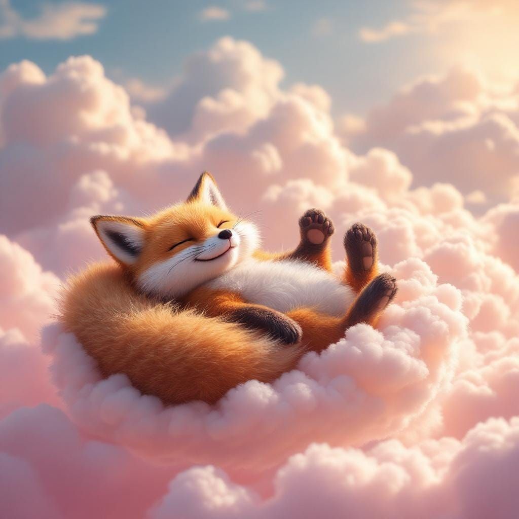 Relaxing Fluffy Fox Floating on Cloud in Spring Landscape