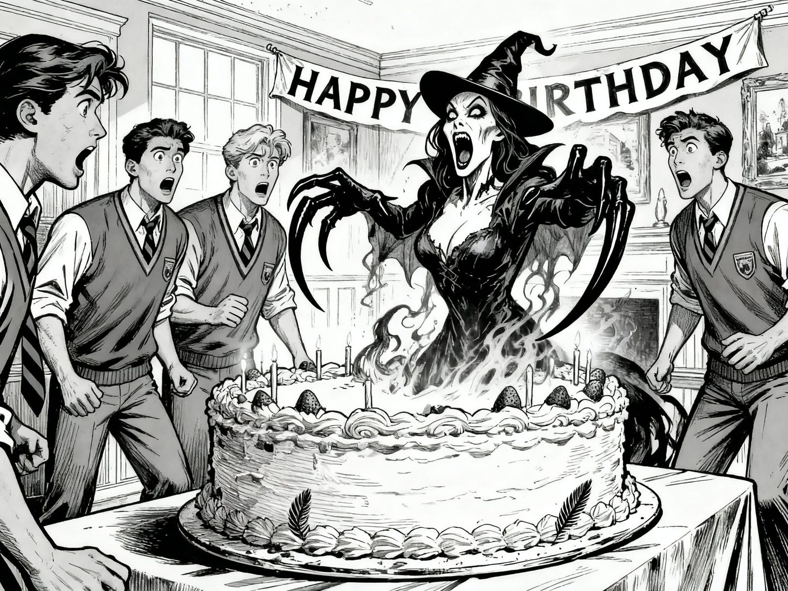 Fraternity Birthday Surprise With Witch Emerging From Cake