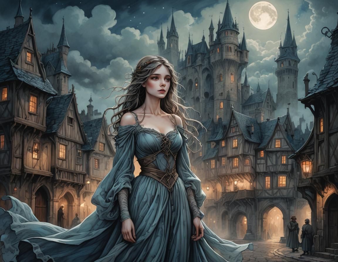 Mysterious Woman in Moonlit Medieval Town