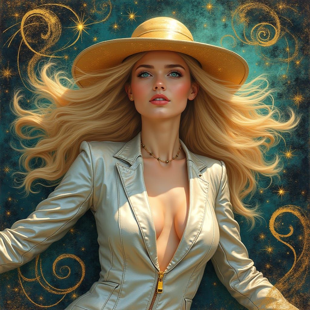 Ethereal Woman in Cosmic Swirls, Klimt-Inspired