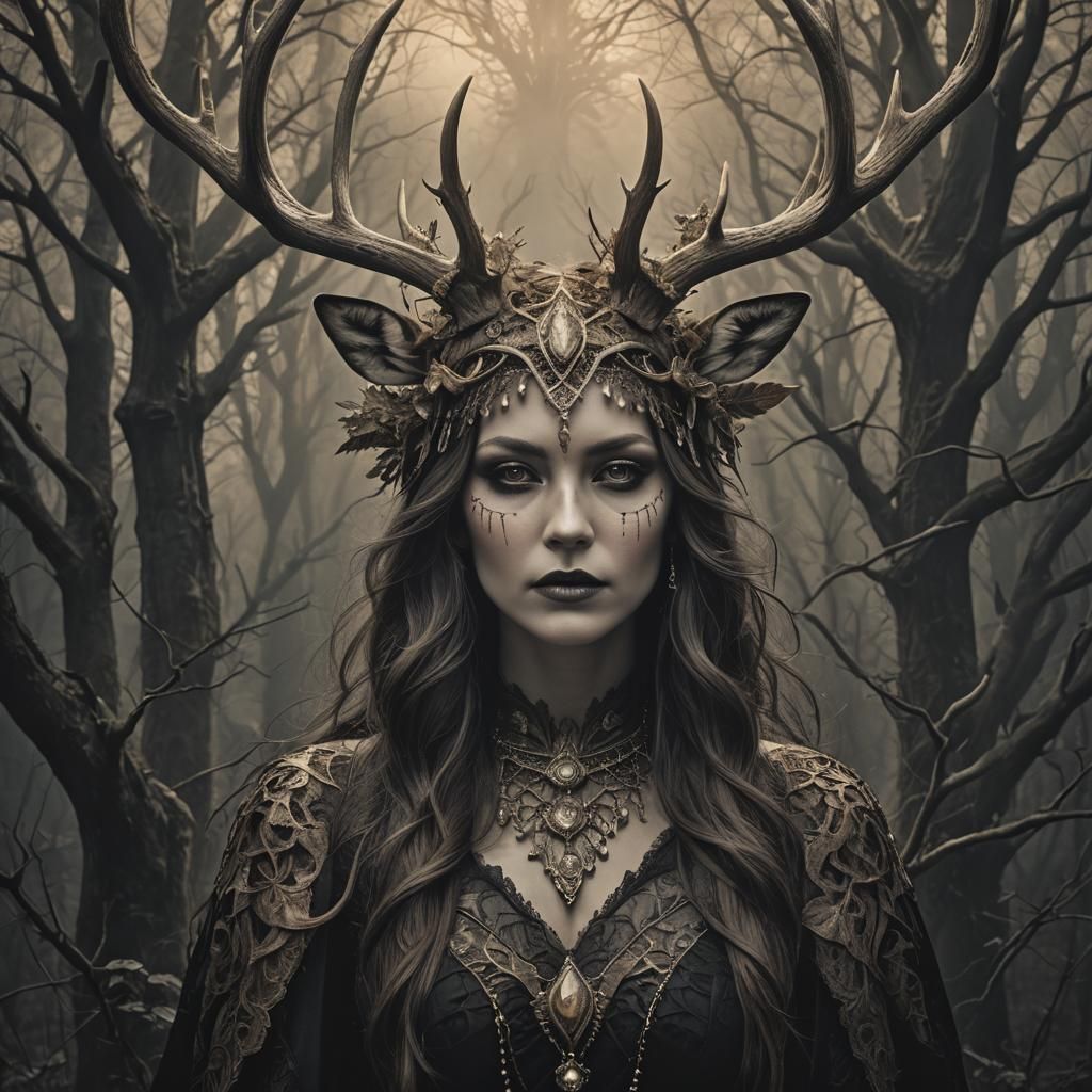 Gothic Woman with Deer Antlers in Solarized Portrait