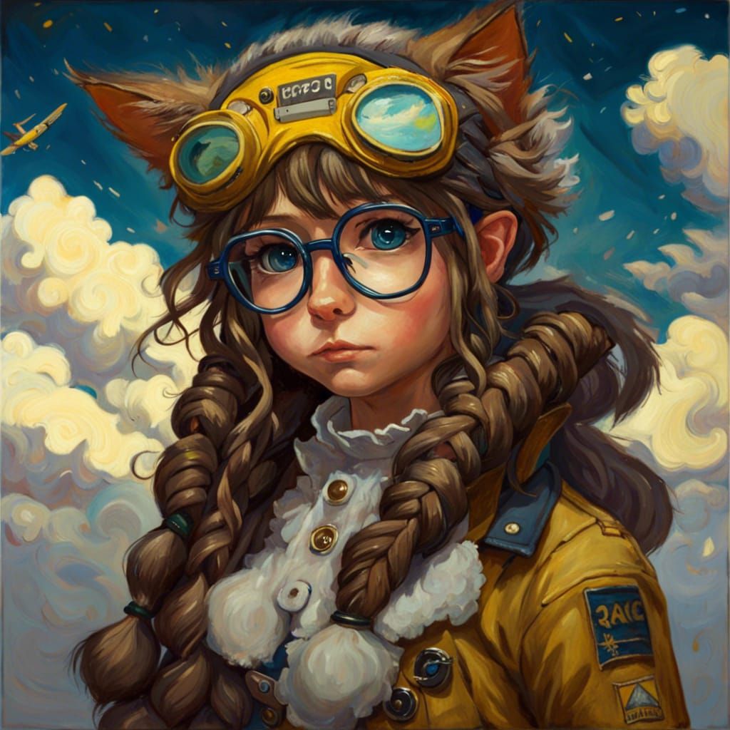 Anime Cat Girl with Aviator Glasses in Van Gogh Style