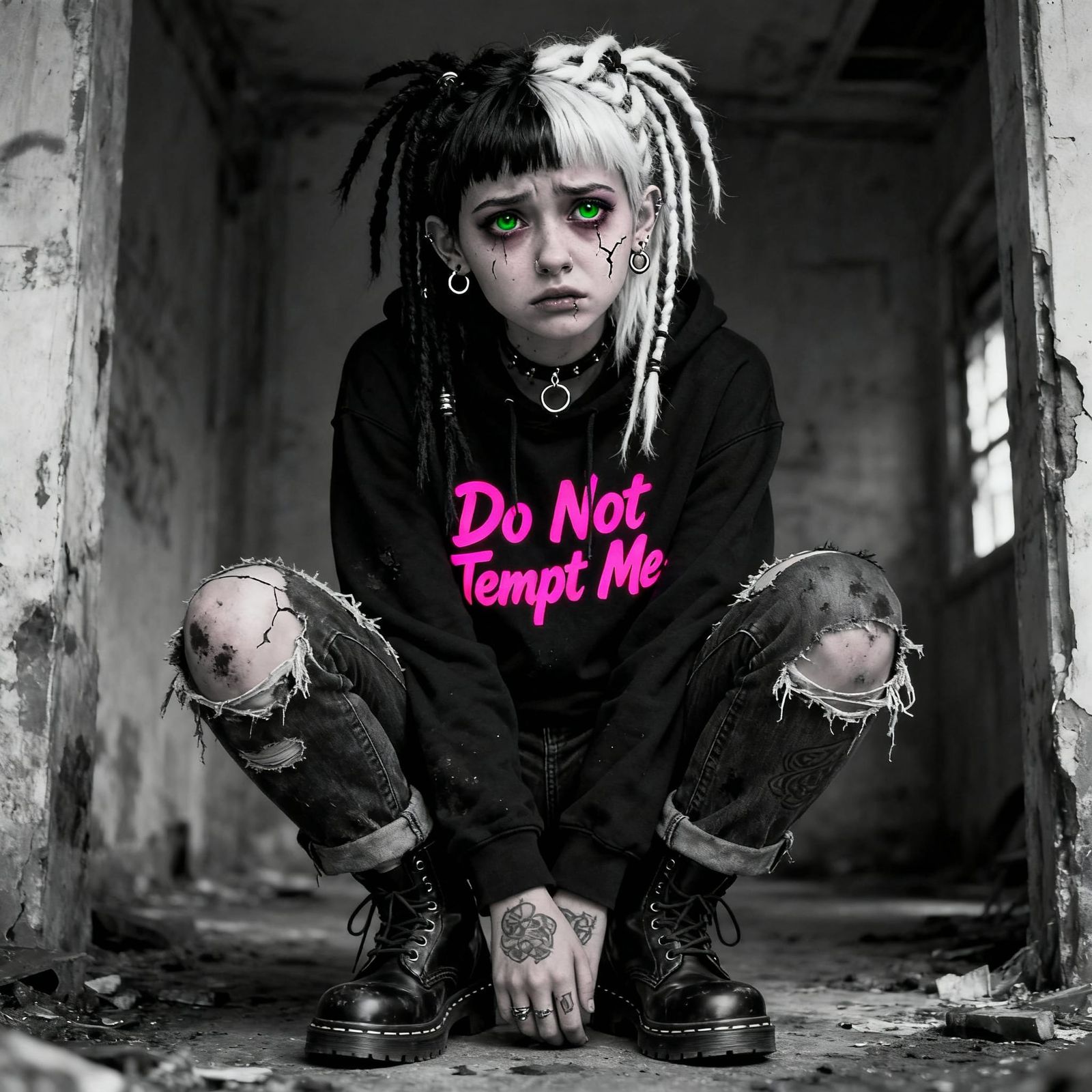 Exhausted Woman in Hoodie with Neon Text, Realistic Tattoos