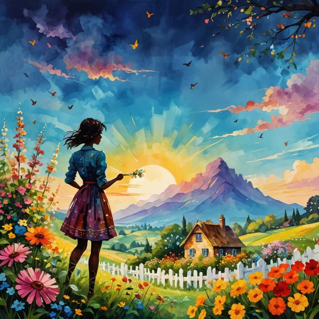 Enchanting Cottage Garden Silhouette in Surreal Style