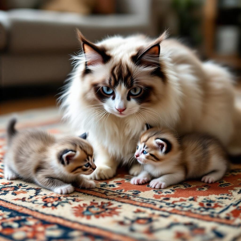 A mother ragdoll cat and her kittens are playing on an oriental rug in the living room.
