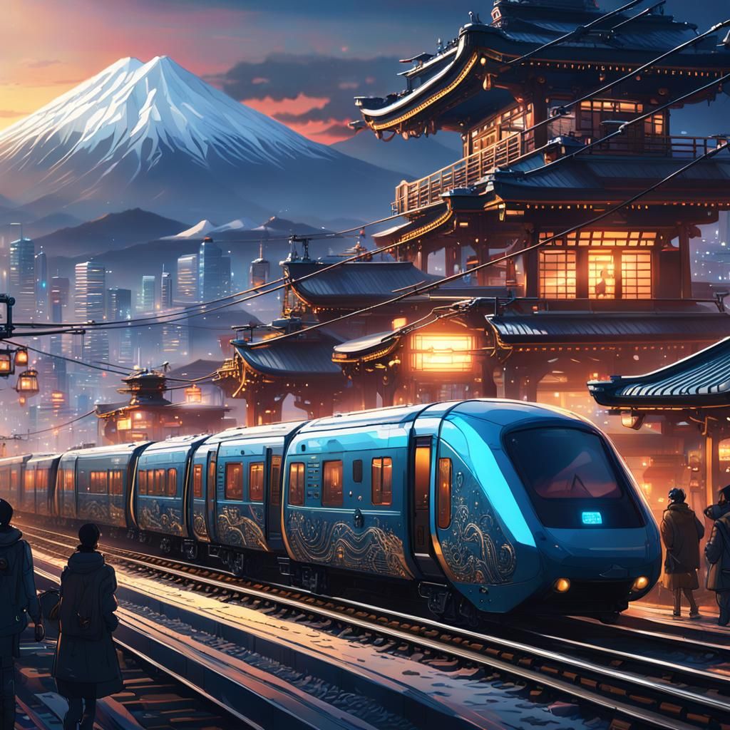 Cyberpunk Cat-Train Ascends Fuji: Hyperrealistic Concept Art