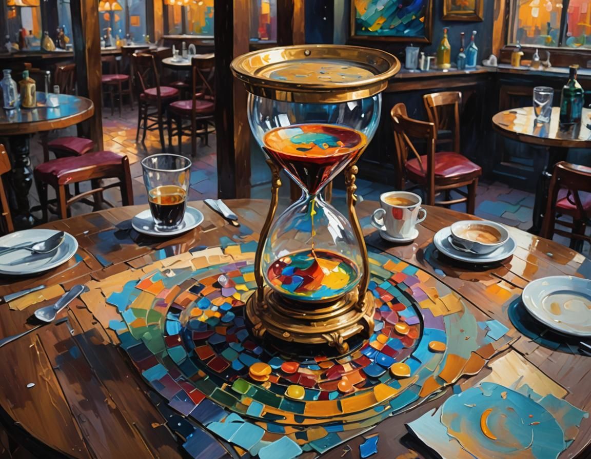 Hourglass on Cafe Table, Expressionist Oil Painting