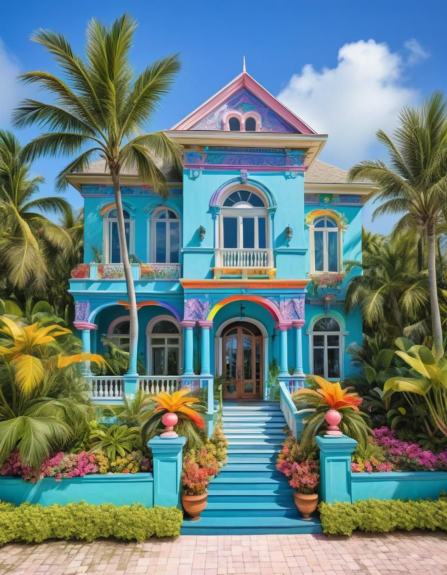 Colorful Beachfront Mansion in Tropical Garden
