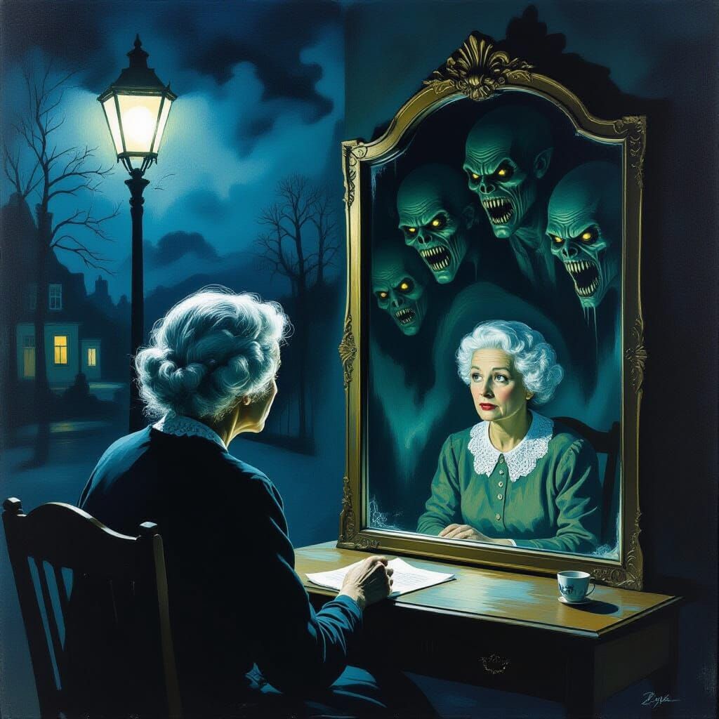 Elderly Woman Sees Youthful Reflection & Monsters in Mirror