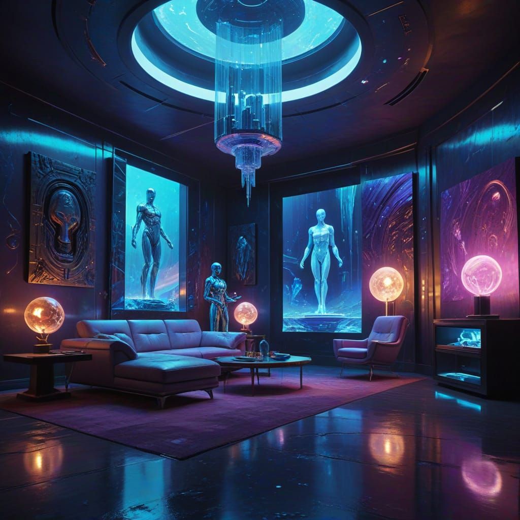 Retro-Futuristic Living Room with Holographic Artifacts