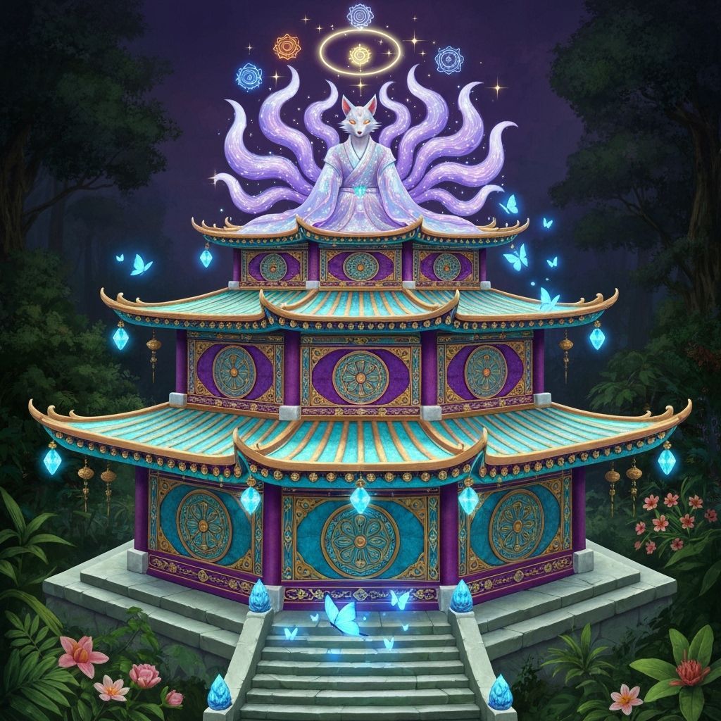 Floating Pagoda with Nine-Tailed Fox in Tropical Jungle