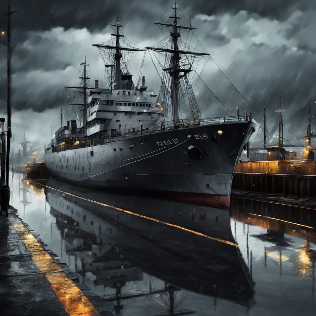 Gloomy Seaport Evening Digital Painting with Blurred Lights