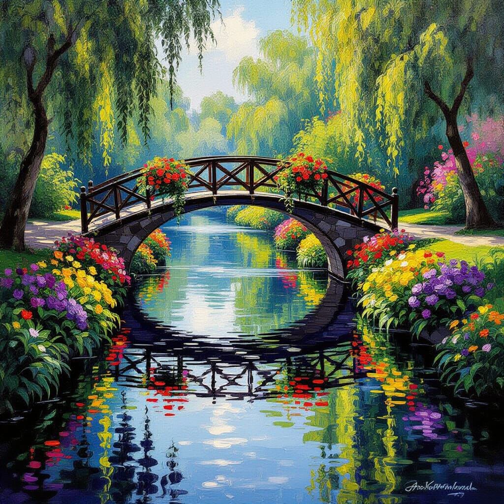Vibrant Flower Garden by River in Oil Painting Style