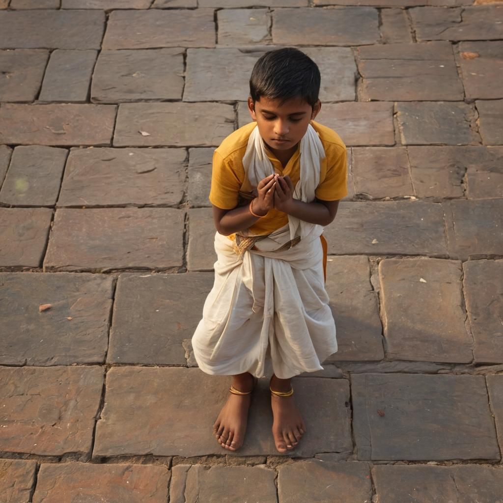 An innocent Indian boy lost in solemn prayer