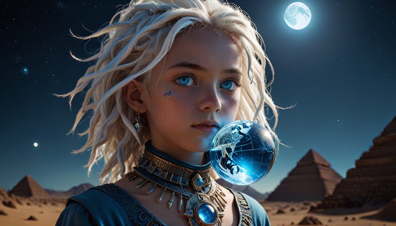 Cyberpunk Child Goddess Stands in a Desert Under Starry Skie...