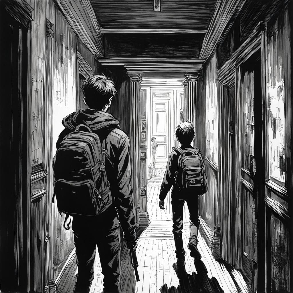 Teenagers in Haunted House in Ink Style