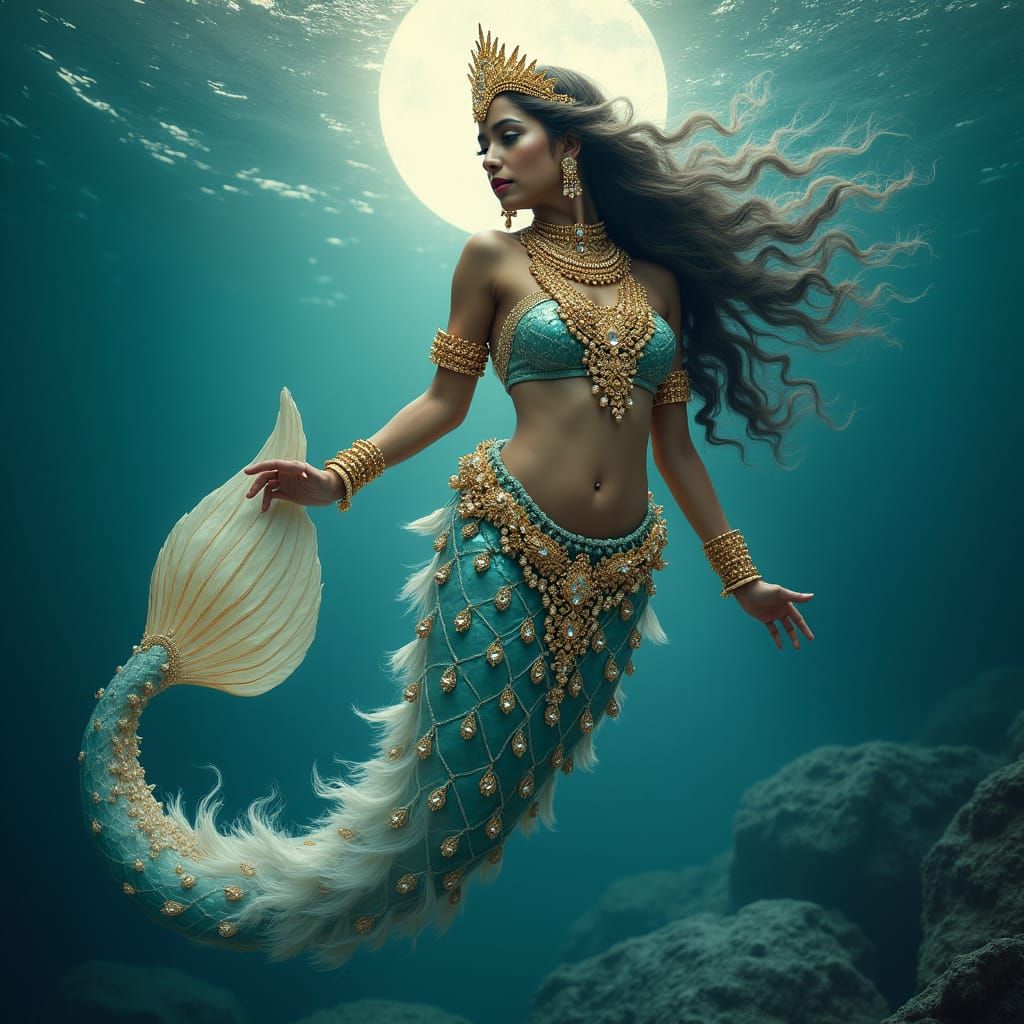 Indian Mermaid in Opulent Moonlight: Hyperrealistic HDR Art