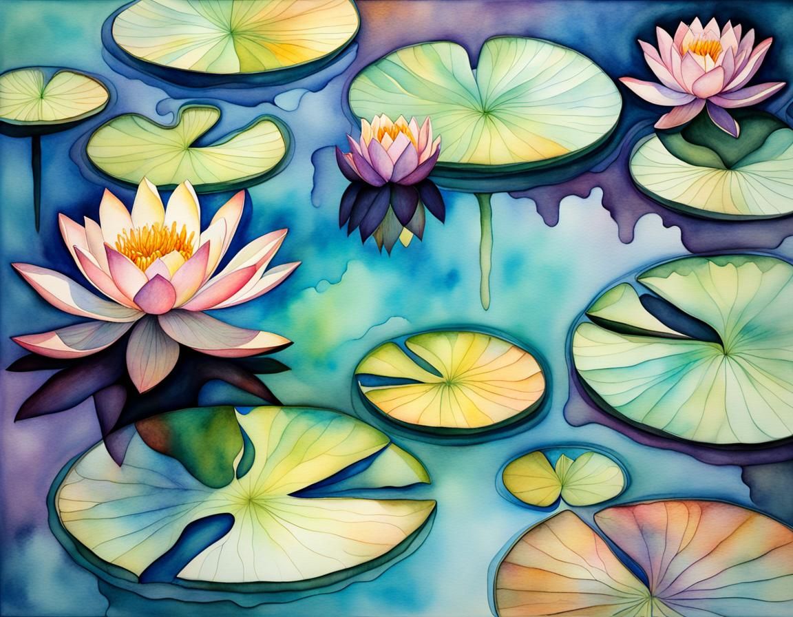 Water Lilies in Surrealist Watercolor and Ink