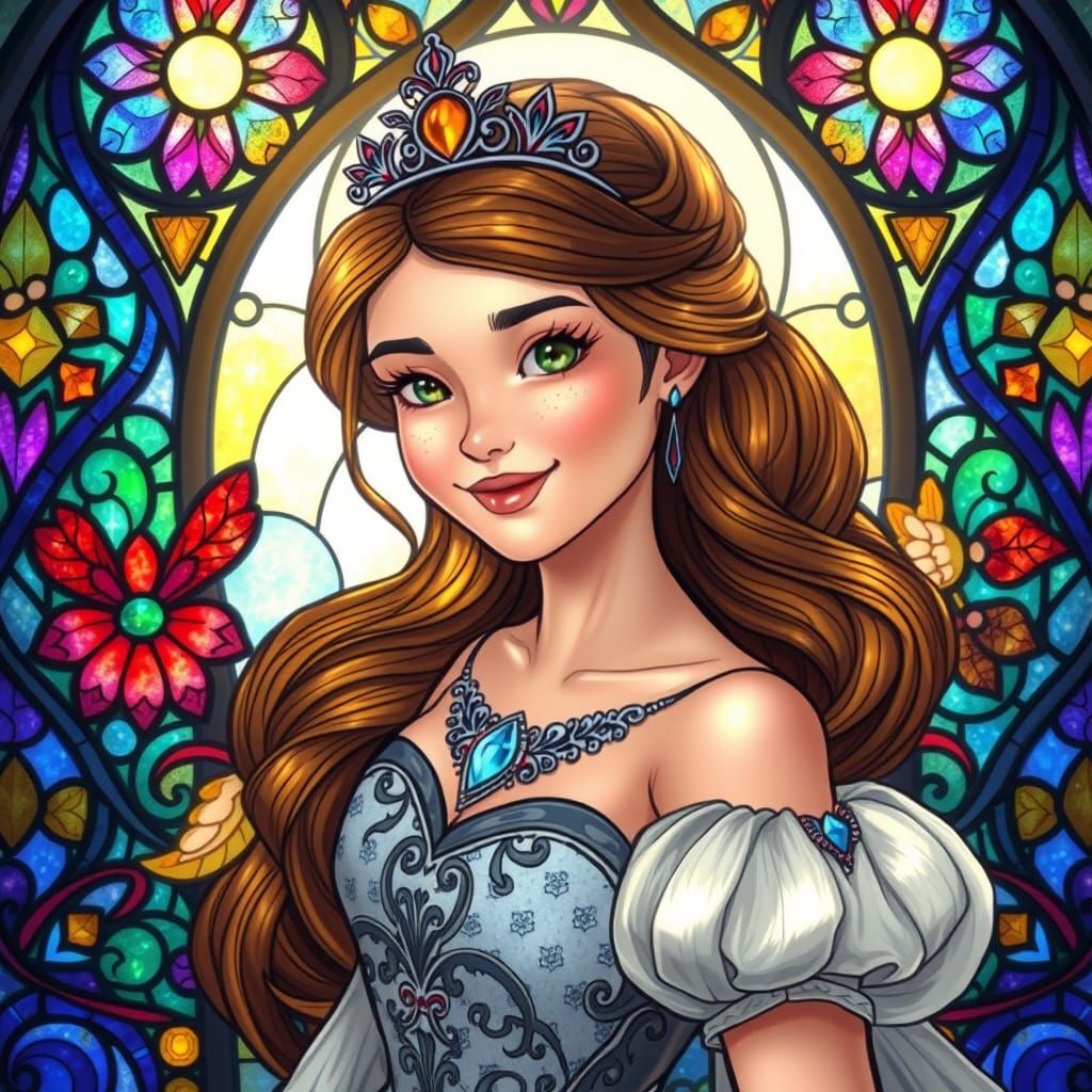 Ethereal Princess Emerge from Vibrant Stained-Glass Window