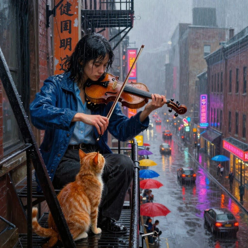 Woman Playing Violin in Heavy Rain, Classical Realism