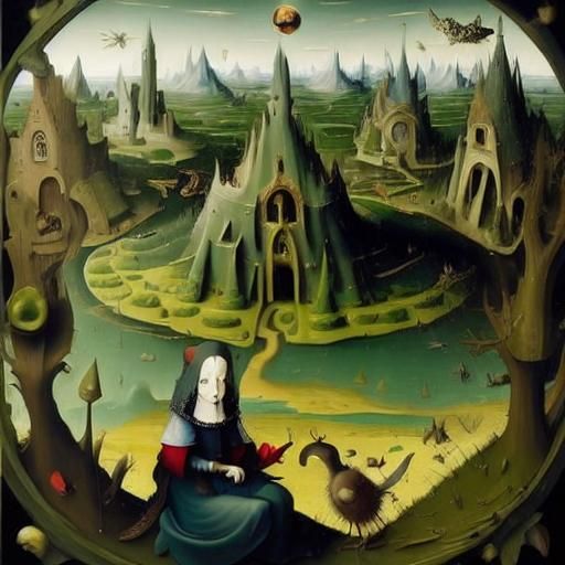 Girl and Blackbird in Forest, Hieronymus Bosch Style