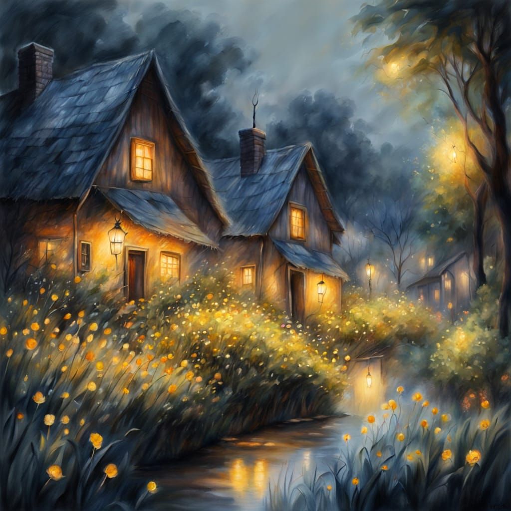Summer Village: Ethereal Gouache Fantasy in Charcoal
