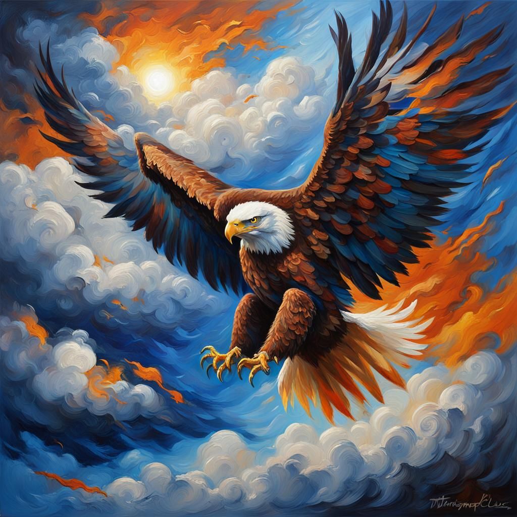 Eagle Soaring Through Stormy Sky as Impasto Oil Painting
