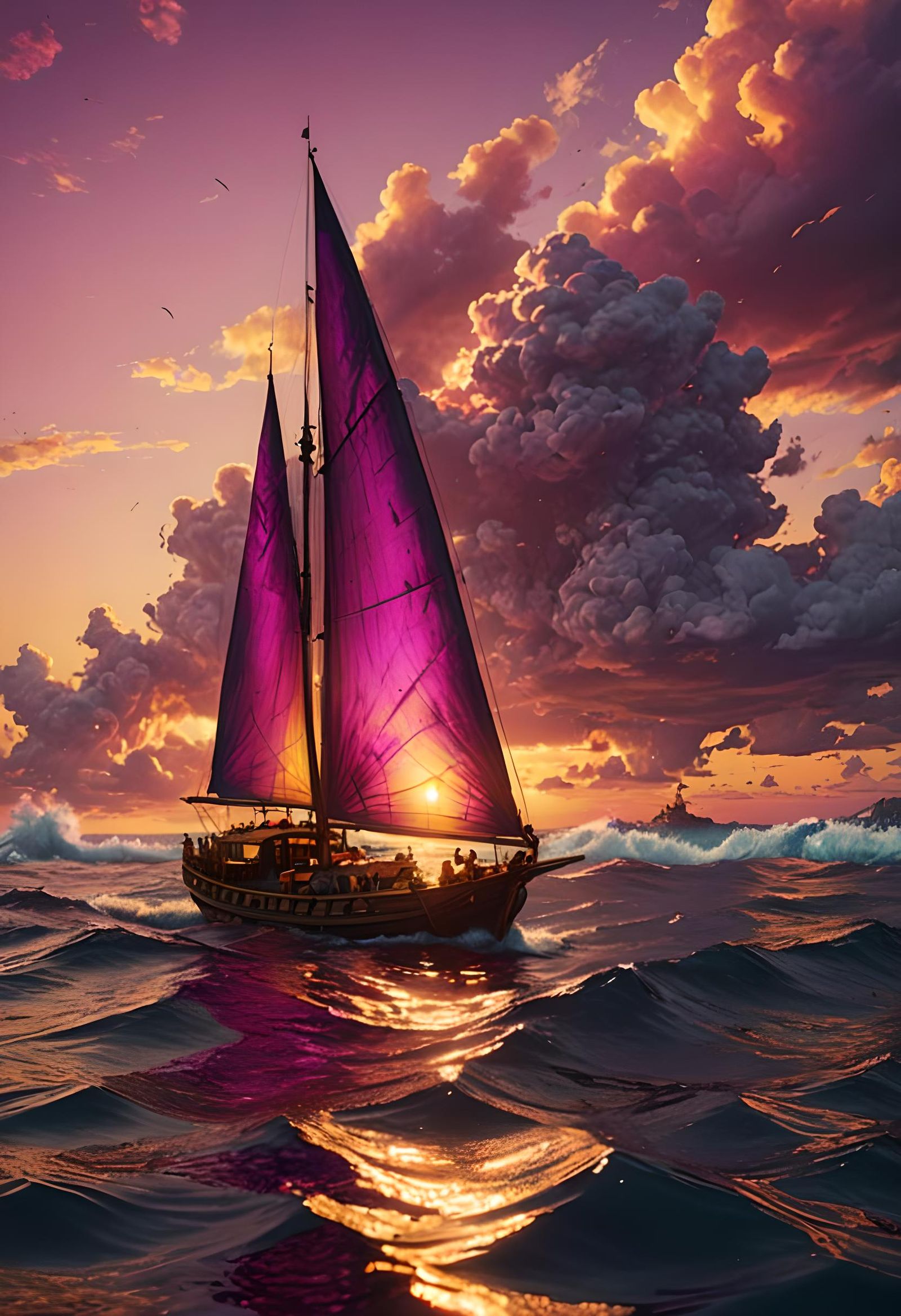 Magenta Sunset Yacht in Detailed Matte Painting
