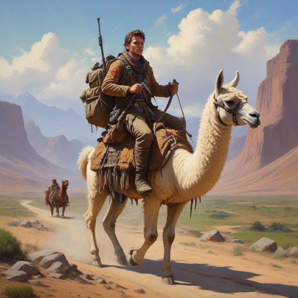 Wasteland Raider on Llama, Digital Oil Painting