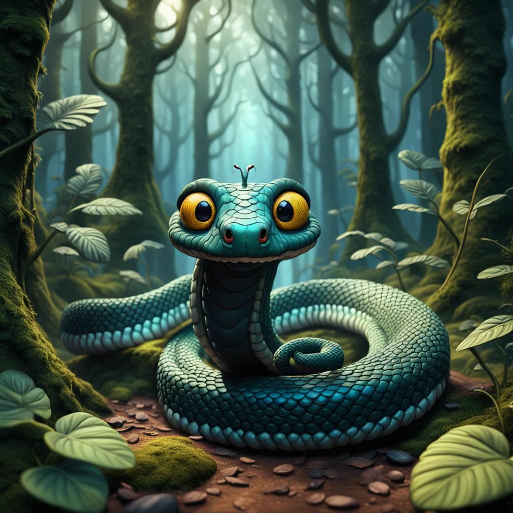 Cute Googly-Eyed Snake in Forest: Fantasy Art