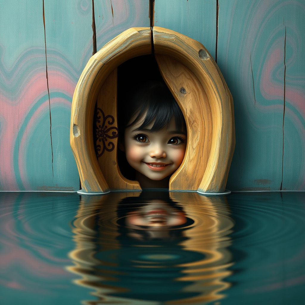 Girl Peeks Through Golden Door in Dreamy Teal and Pink