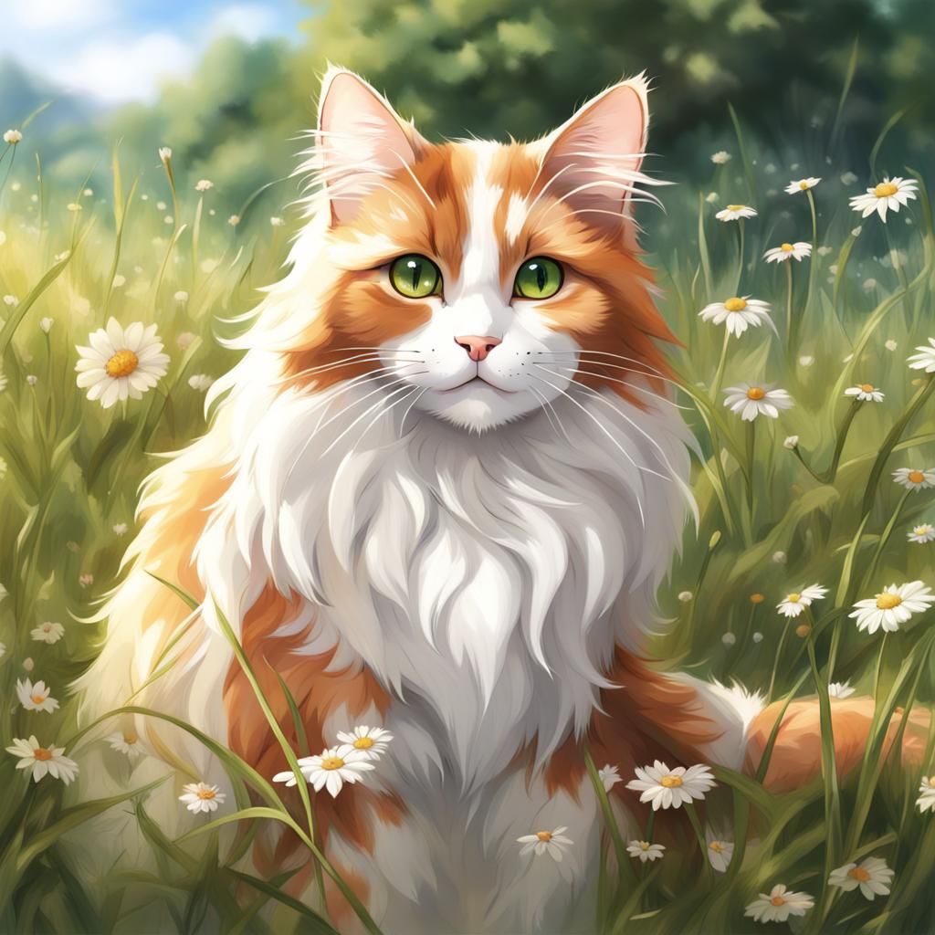 Calico Cat in Meadow: Anime-Inspired Art