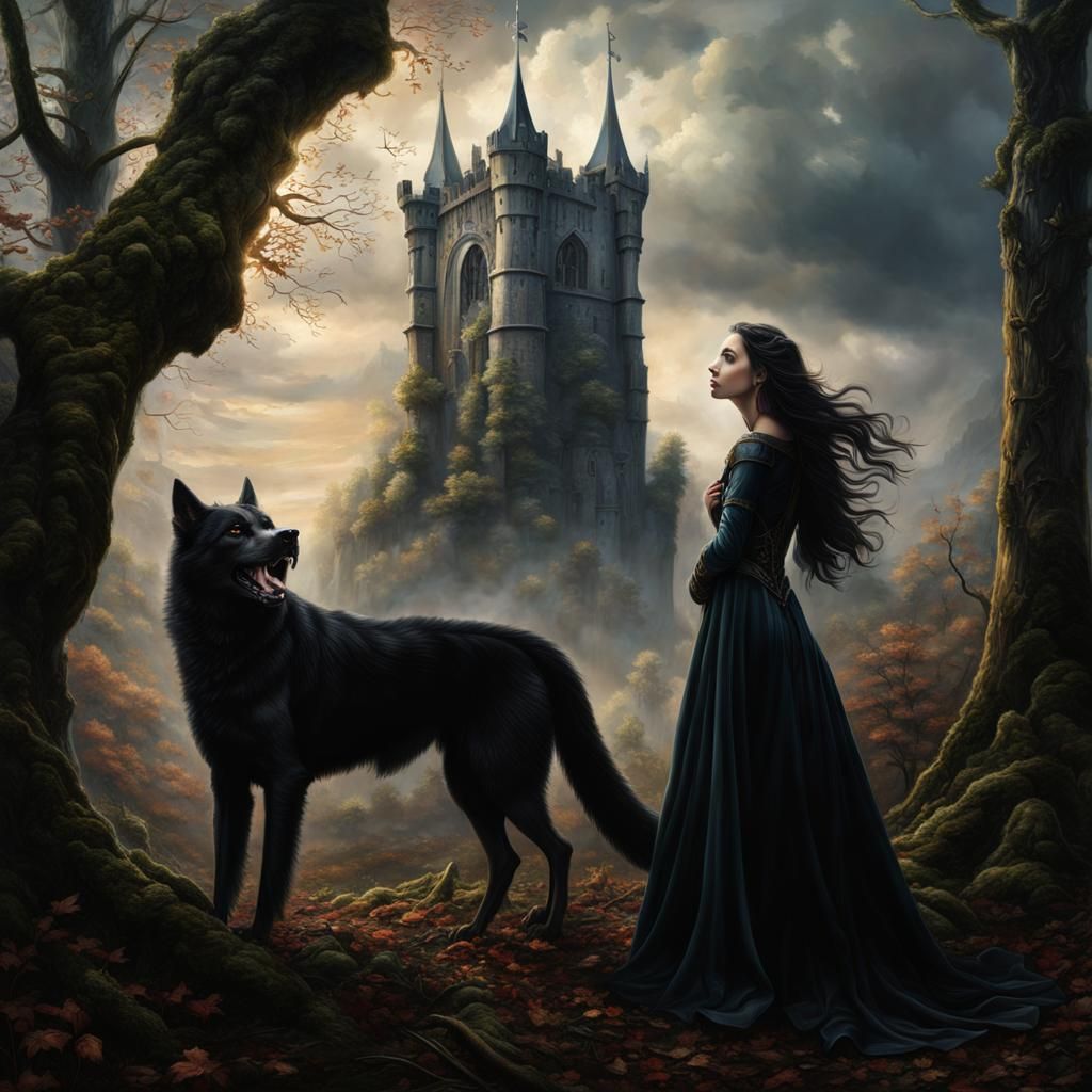 Woman and Wolf in Medieval Fantasy Landscape