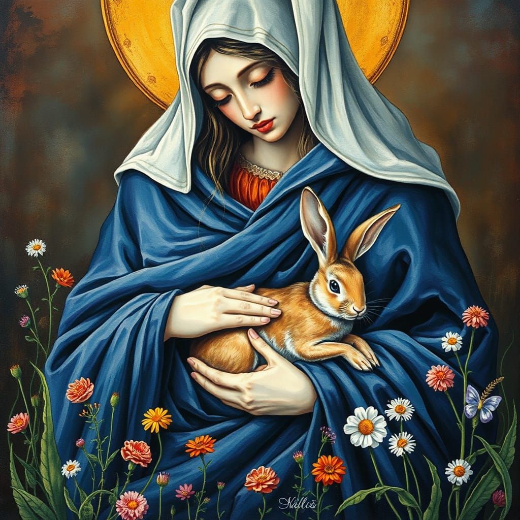 Saint Melangell with Hare in Watercolor Style
