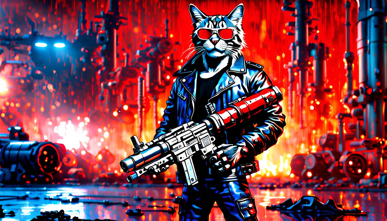 Cool Cat Terminator in Industrial Zone, Comic Book Art