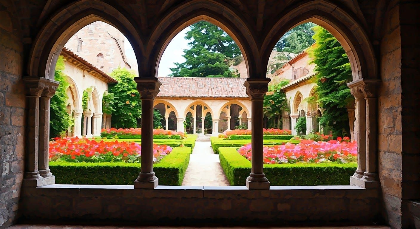 Medieval Monastery Gardens in Vibrant Watercolor